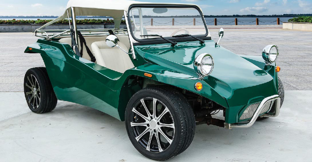Full green Oreion Beach Buggy shown completely from rear wheel to front bumper