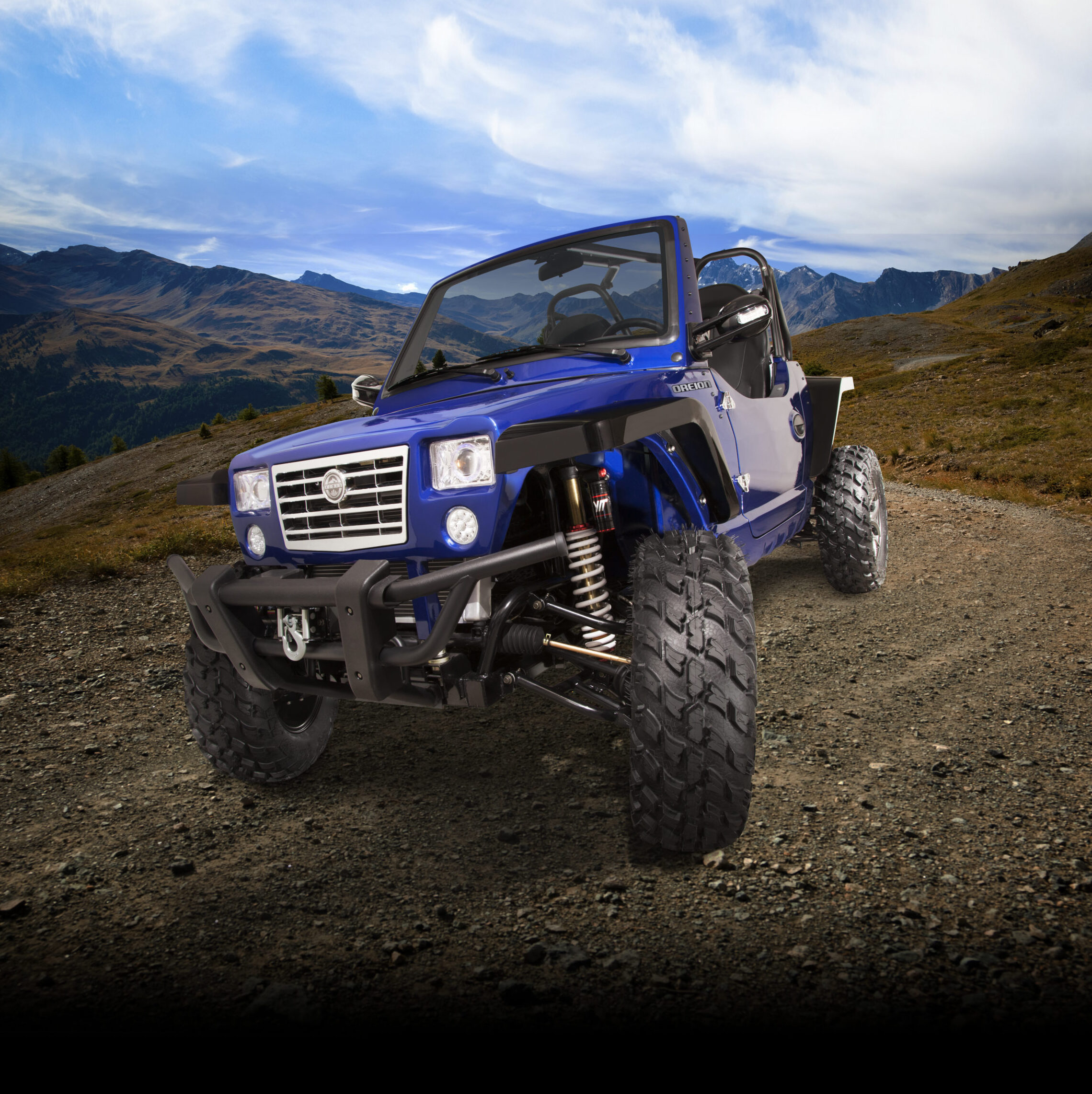 Blue two-seat Oreion Reeper Sport in a mountain setting