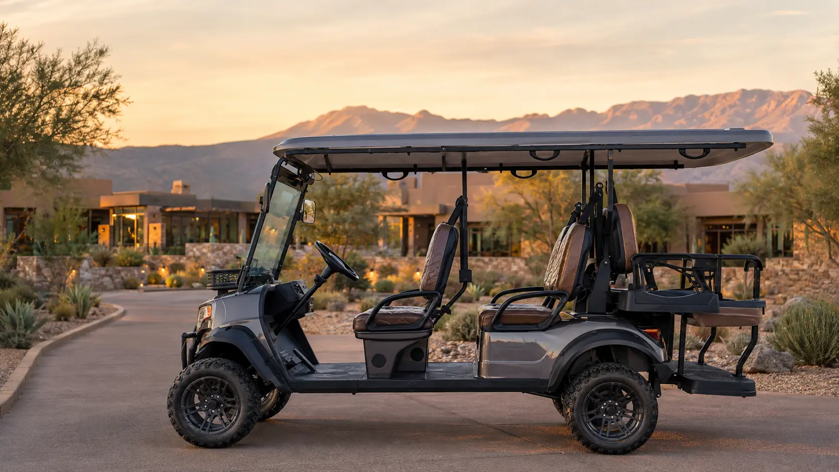 Extended Oreion 4–6 passenger electric golf cart in a premium outdoor setting