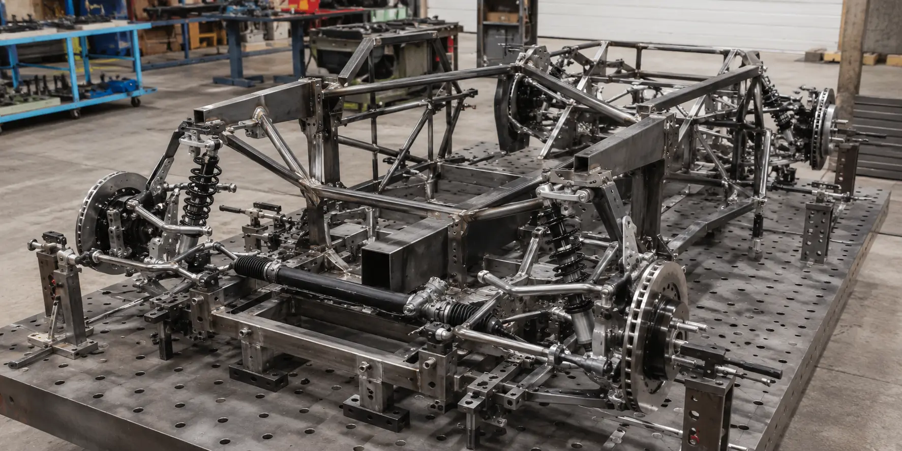 Engineered chassis and structural frame on a precision fabrication fixture