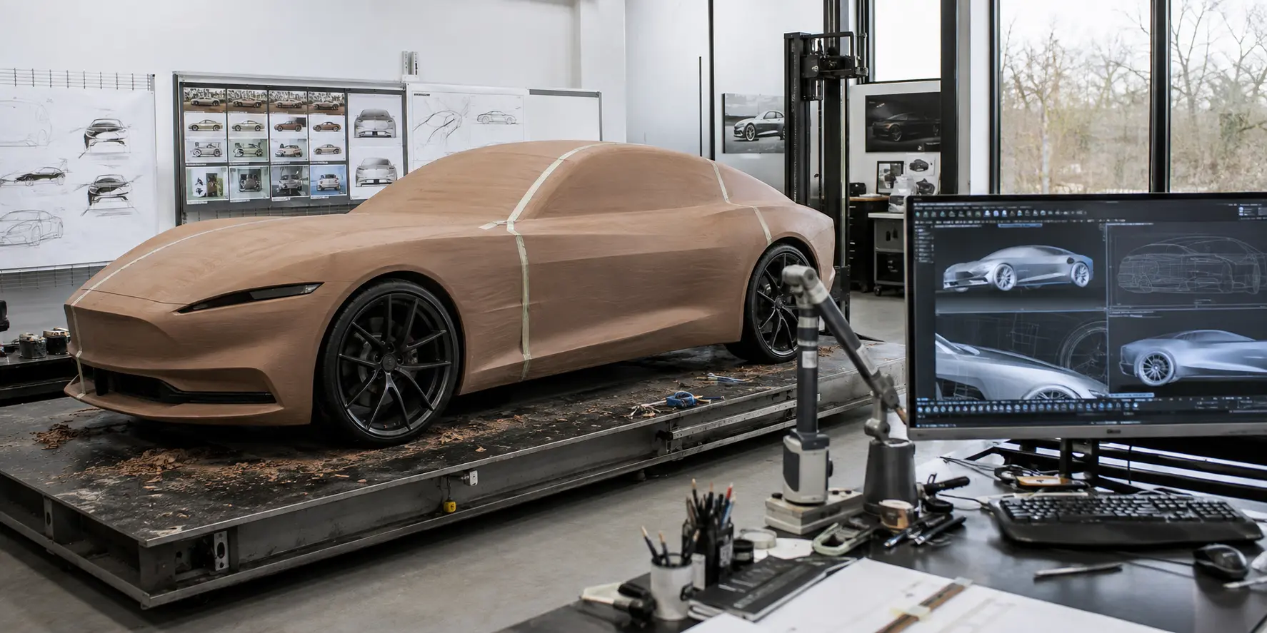 Automotive design studio with CAD, digital rendering and vehicle development