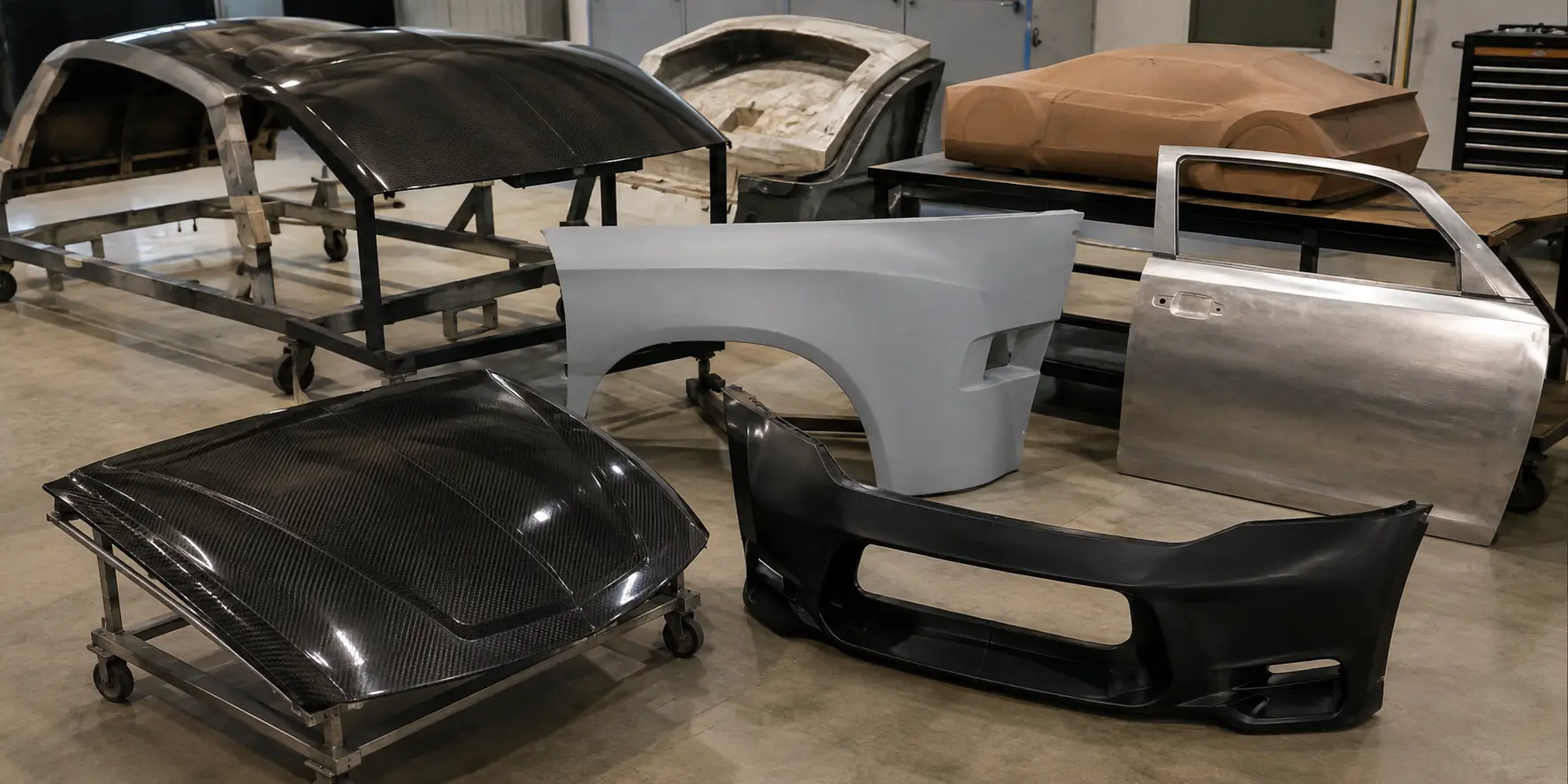 Multi-material body panels prepared for production finishing
