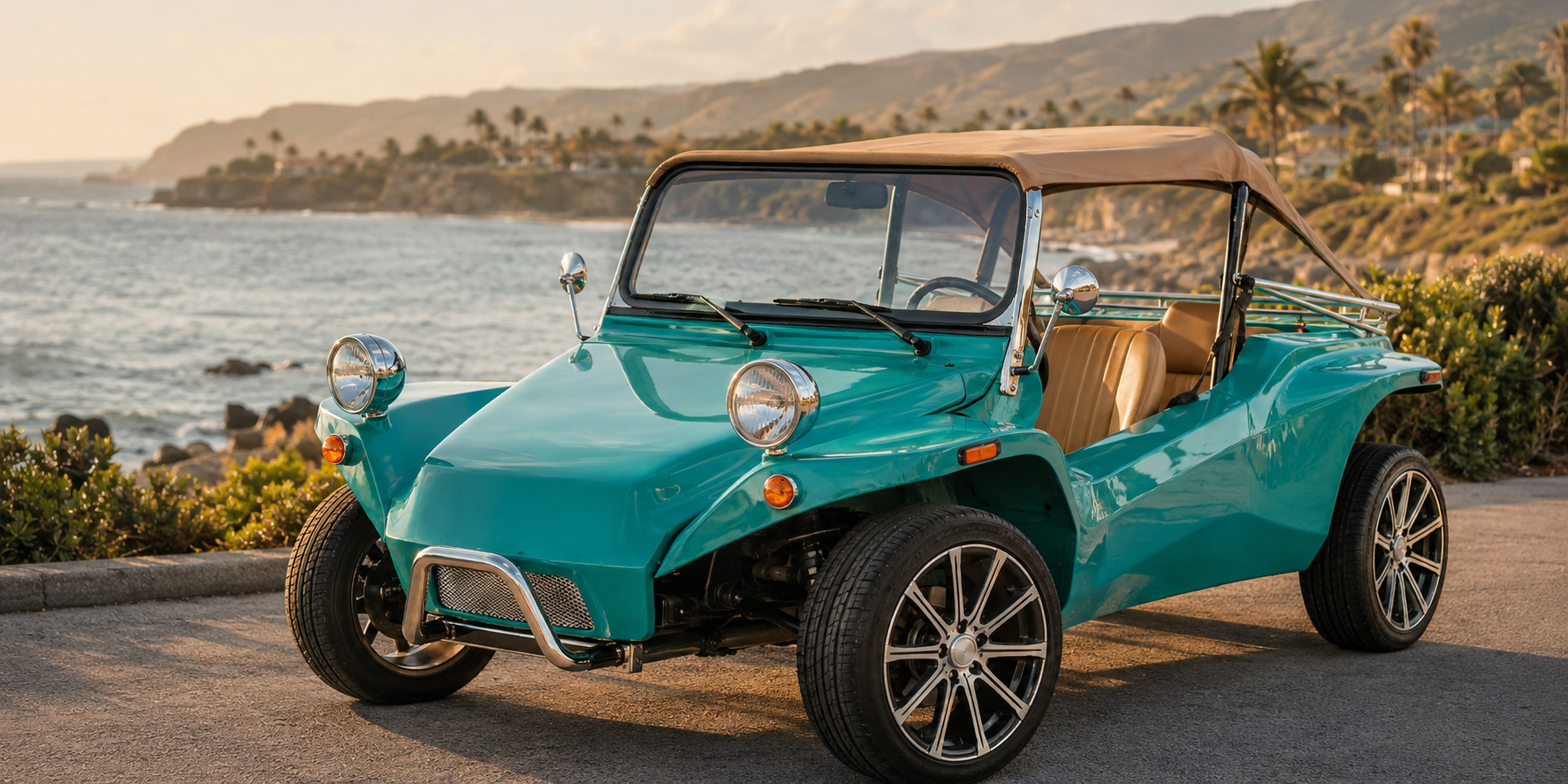 Turquoise Oreion Beach Buggy parked beside the coast at sunset
