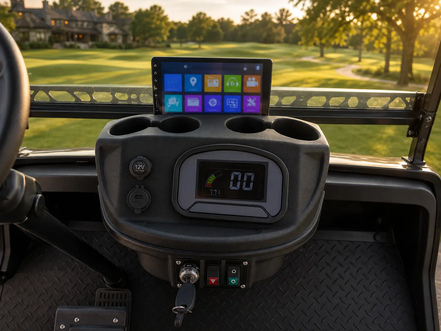 Oreion electric golf cart dashboard with touchscreen, digital gauge, cup holders, USB and 12V power