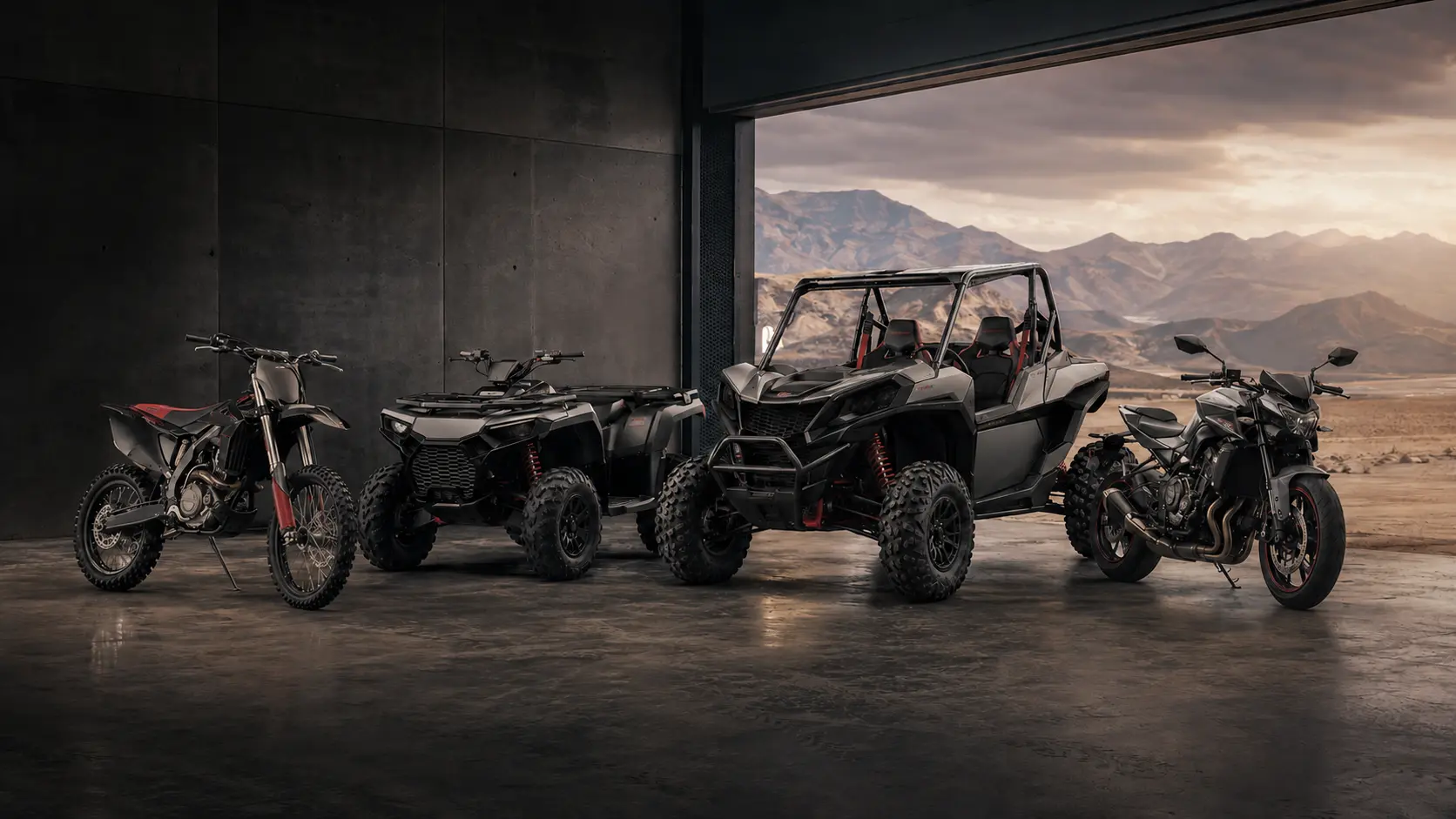 Dirt bike, ATV, side-by-side UTV and motorcycle representing Oreion powersports engineering and manufacturing