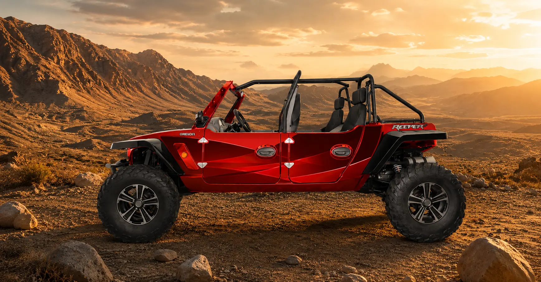 Red Oreion Reeper4 four-door 4x4 side-by-side in a premium golden-hour mountain setting