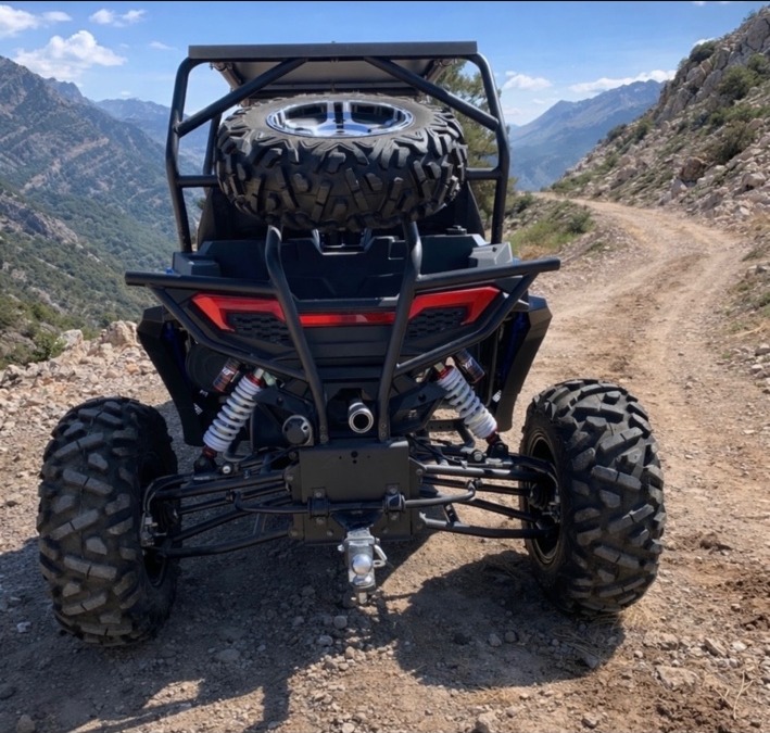 Rear view of Oreion Rover UTV showing independent suspension and spare tire