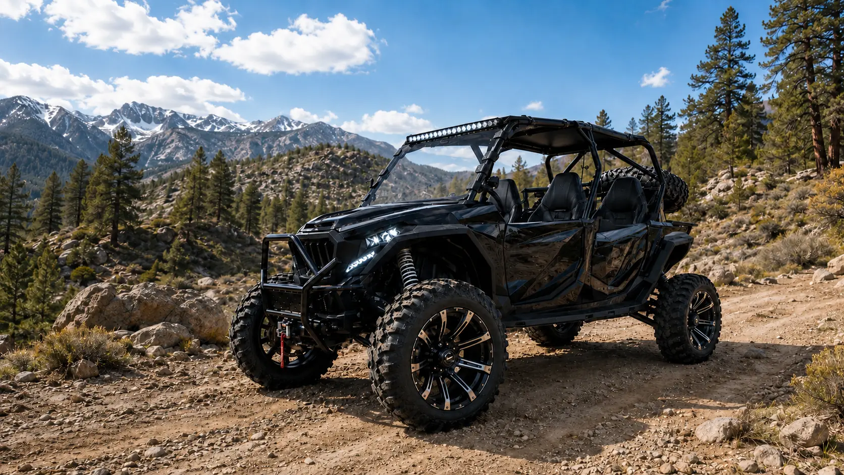 Black Oreion Rover four-passenger 800cc 4x4 UTV on a mountain trail