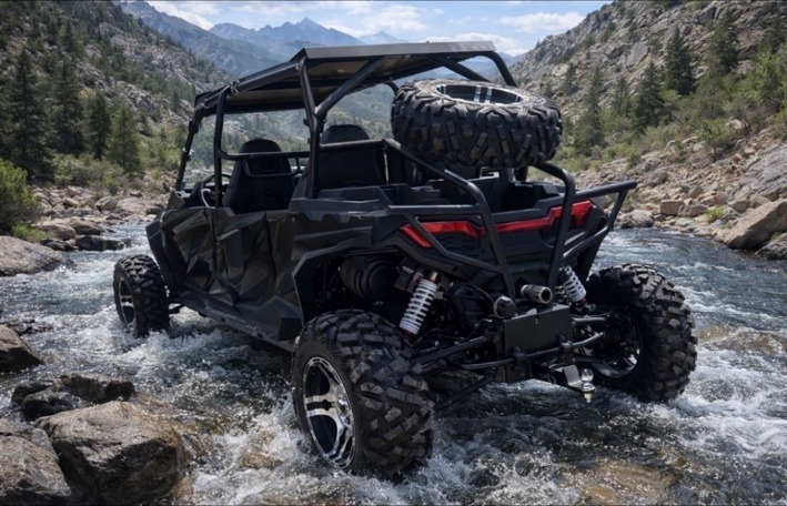 Oreion Rover UTV driving through a rocky mountain stream