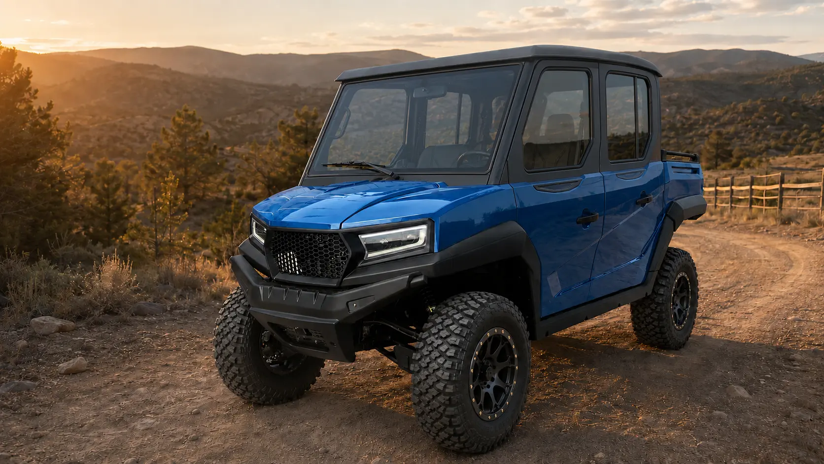Blue Oreion Trailwarden 1000 shown with an optional full hard-cab enclosure and premium wheels