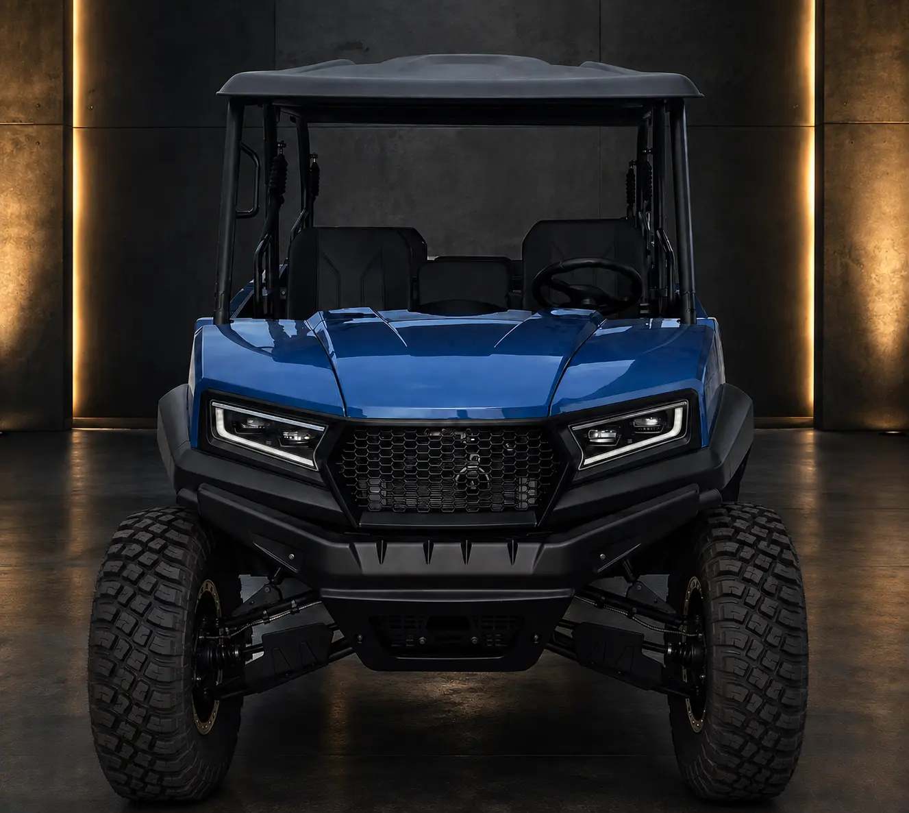 Front design view of the blue Oreion Trailwarden 1000 four-door utility UTV