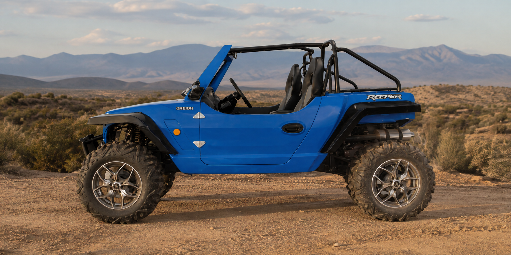Photorealistic blue Oreion Reeper Sport 1100 side profile on a high-desert trail