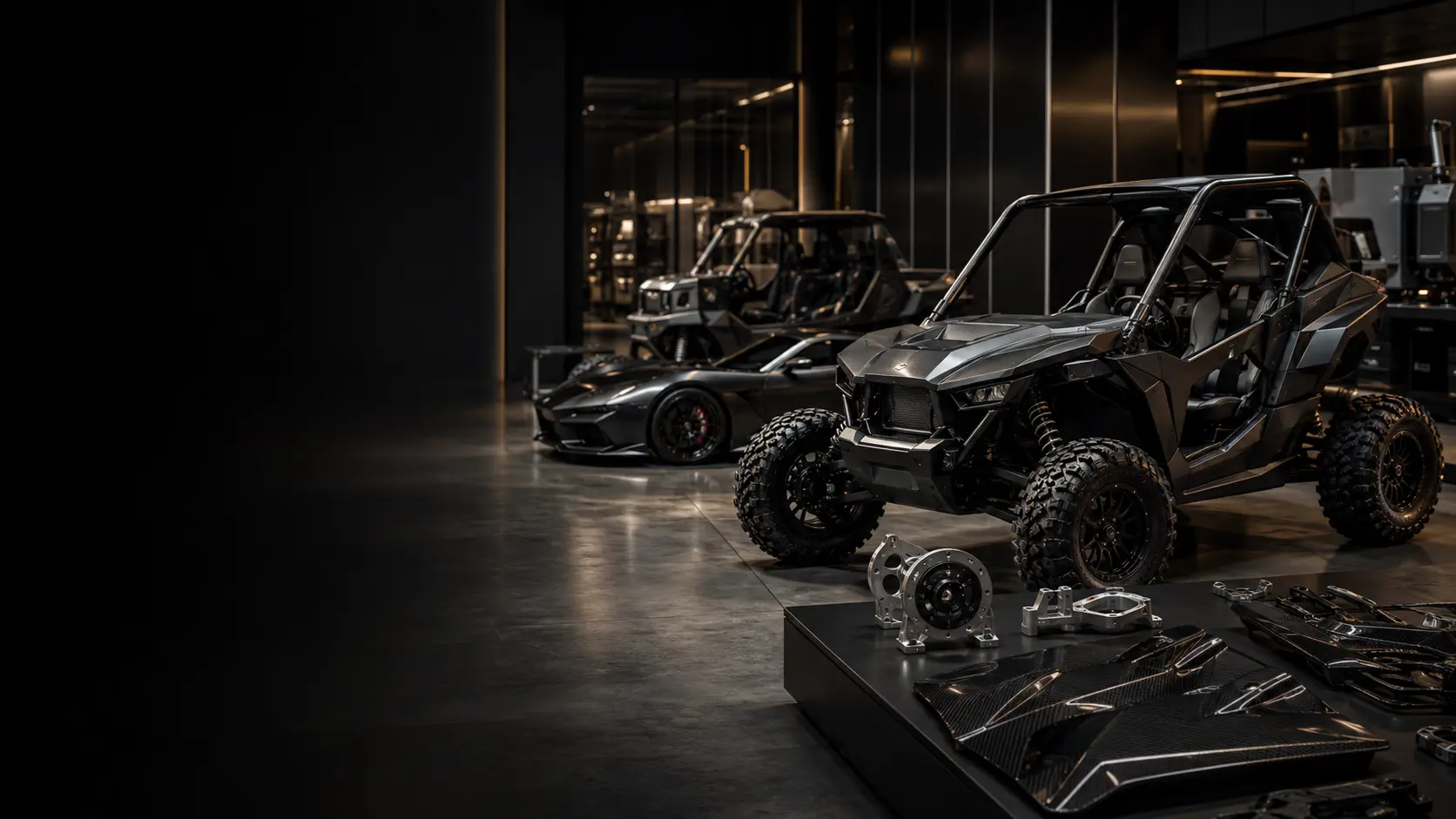 Premium vehicle engineering studio with UTVs, performance vehicle development, composite panels and precision components
