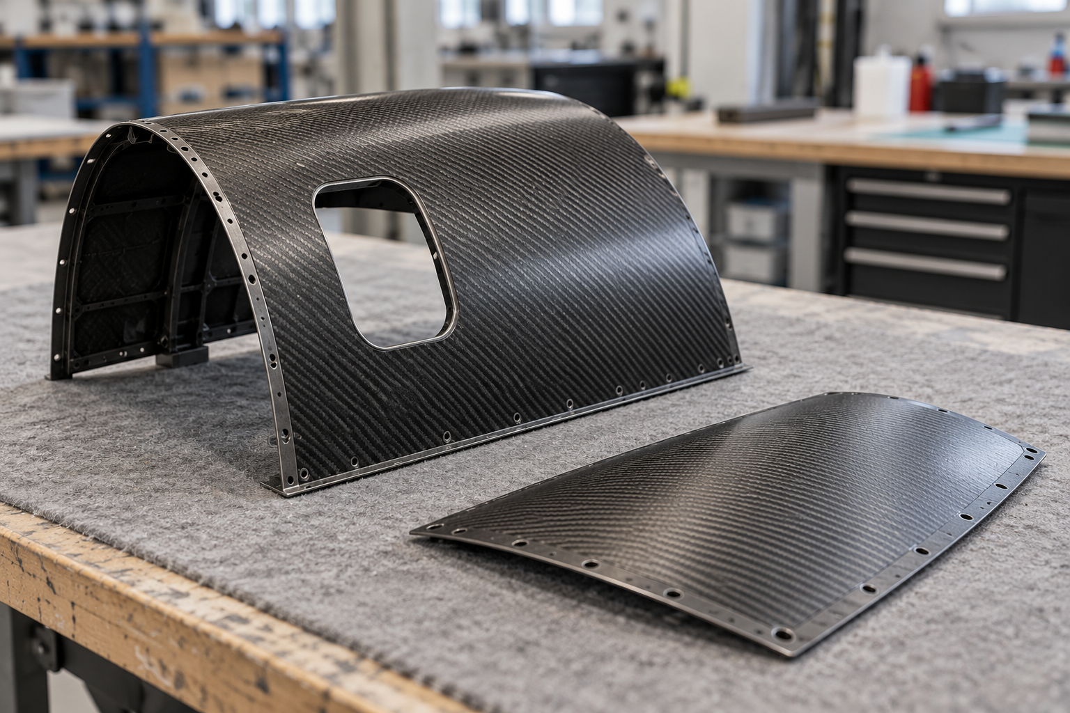 Concept illustration of carbon composite aerospace shells and panels on a workbench