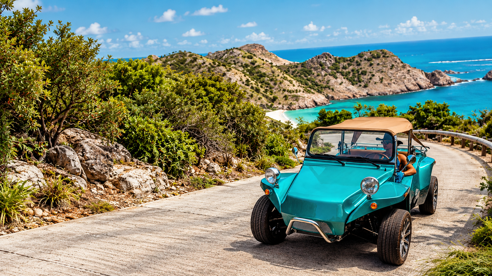 Turquoise Oreion Beach Buggy on a coastal road