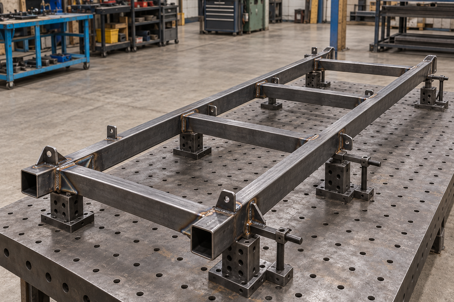 Concept illustration of a steel ladder chassis on a fabrication table