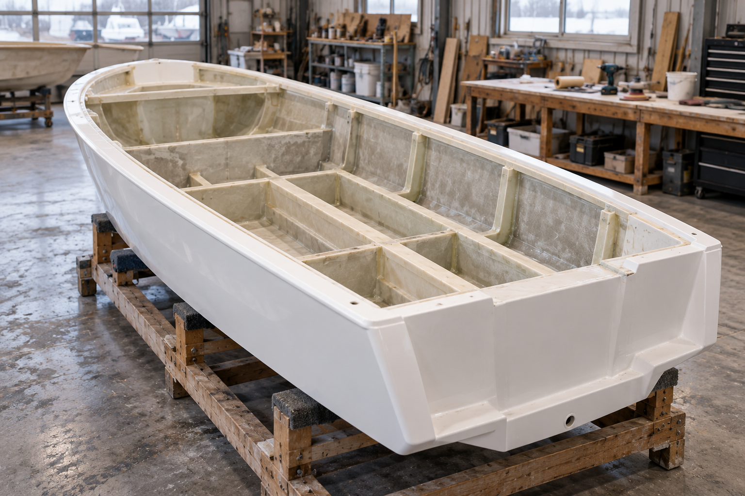 Concept illustration of an unfinished fiberglass boat hull on a support cradle